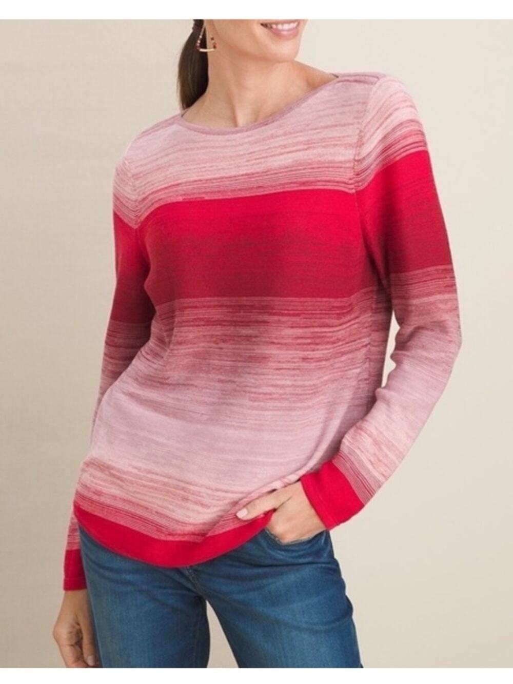 Chico's Ombré Bateau Pullover Sweater Red Pink Size Large